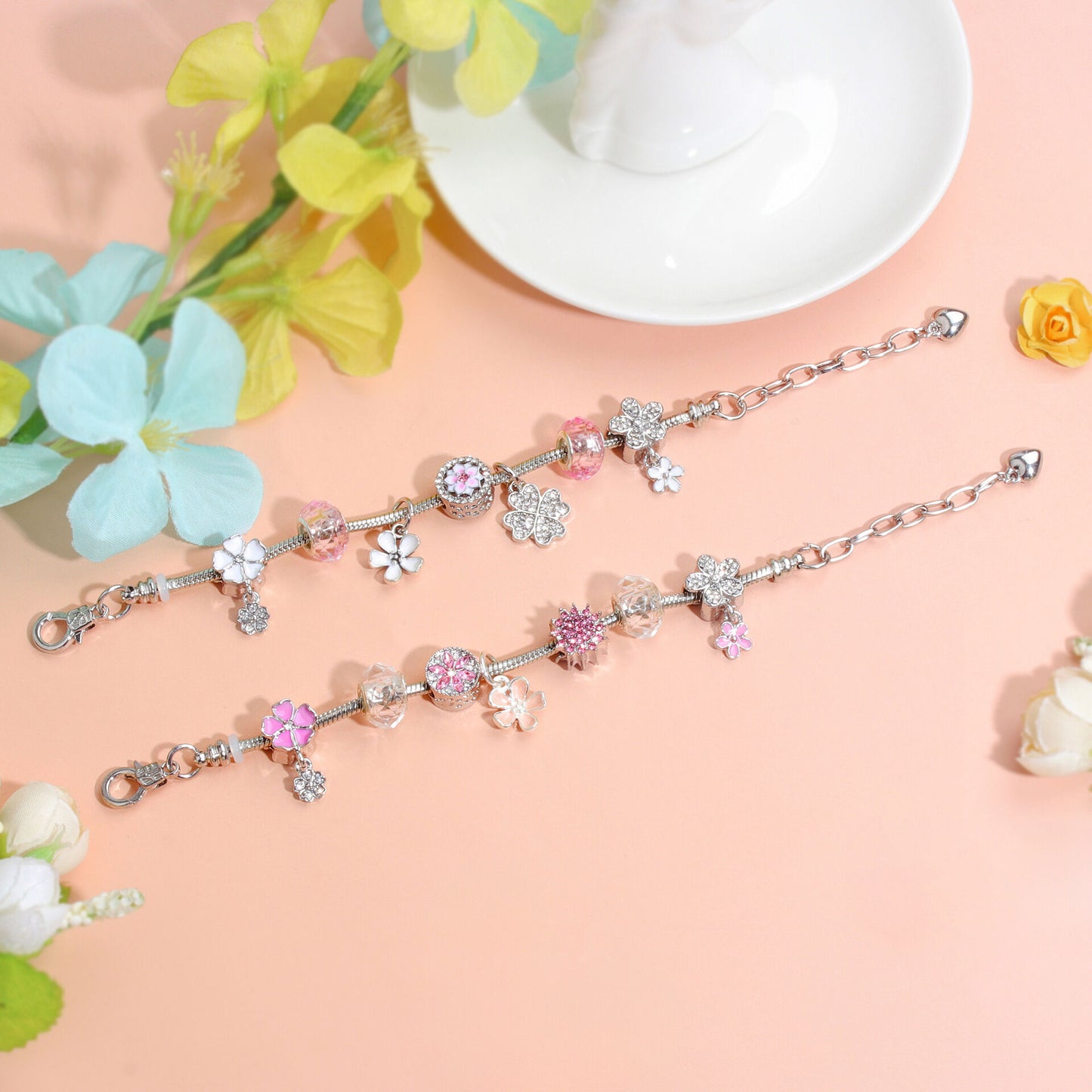 Chic Camellia Bead Charm DIY Bracelet with Crystal(white flower-16cm)