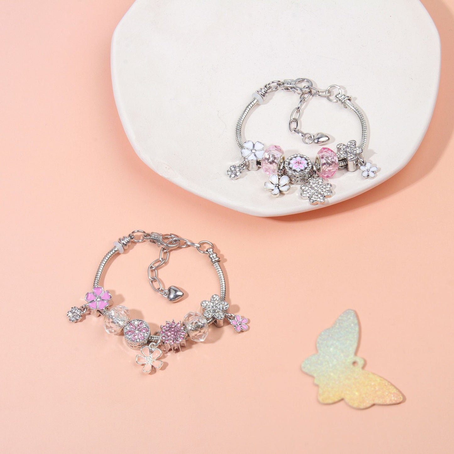 Chic Camellia Bead Charm DIY Bracelet with Crystal(white flower-16cm)