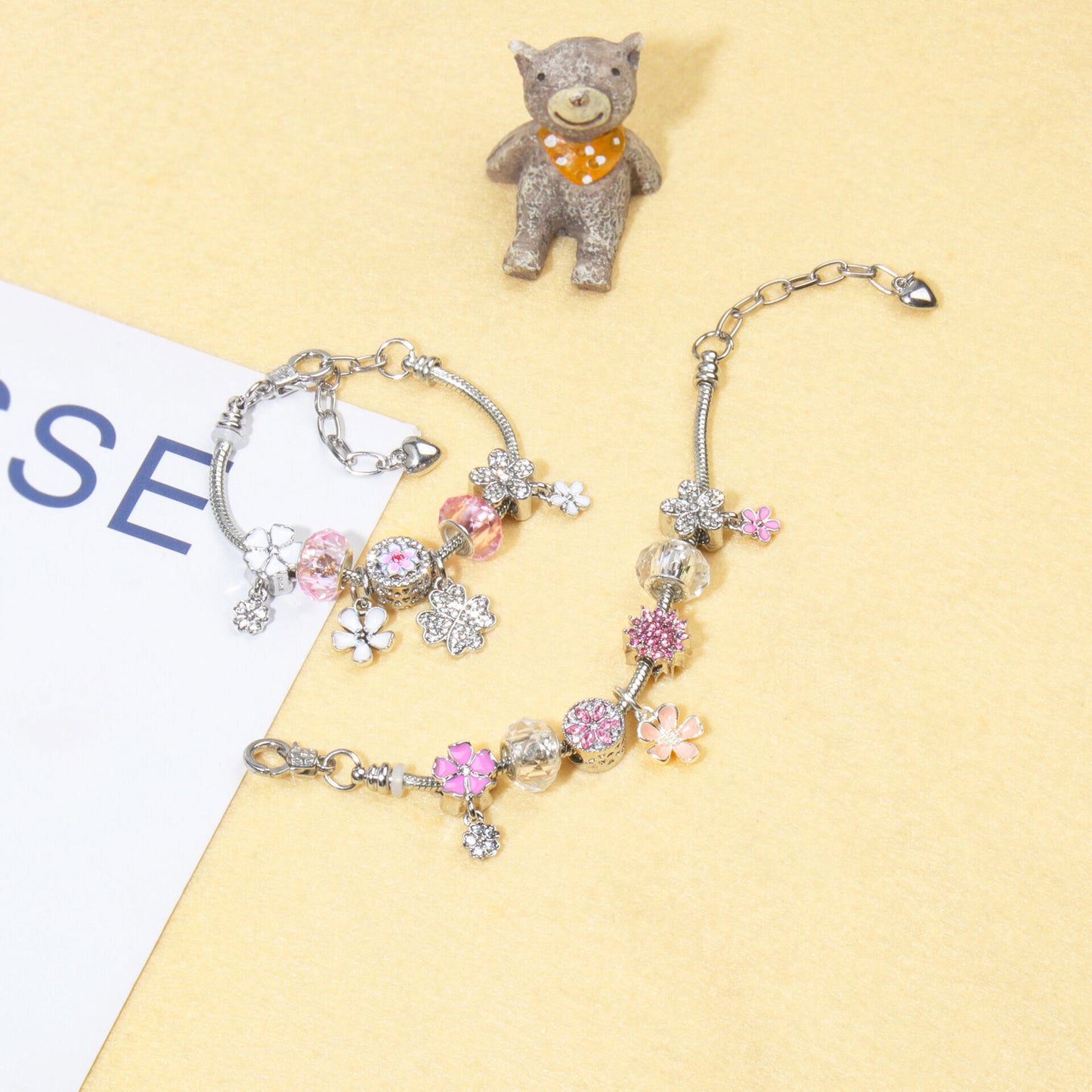 Chic Camellia Bead Charm DIY Bracelet with Crystal(white flower-19cm)