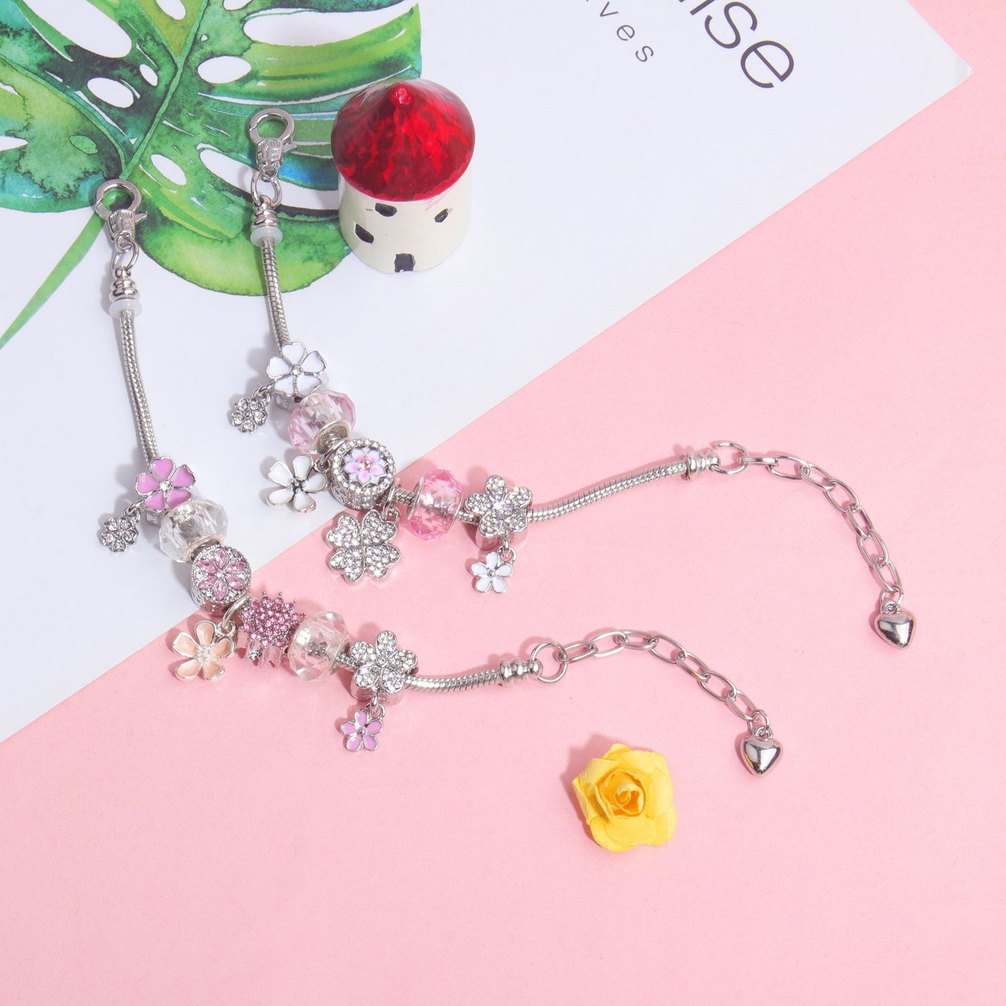 Chic Camellia Bead Charm DIY Bracelet with Crystal(white flower-19cm)