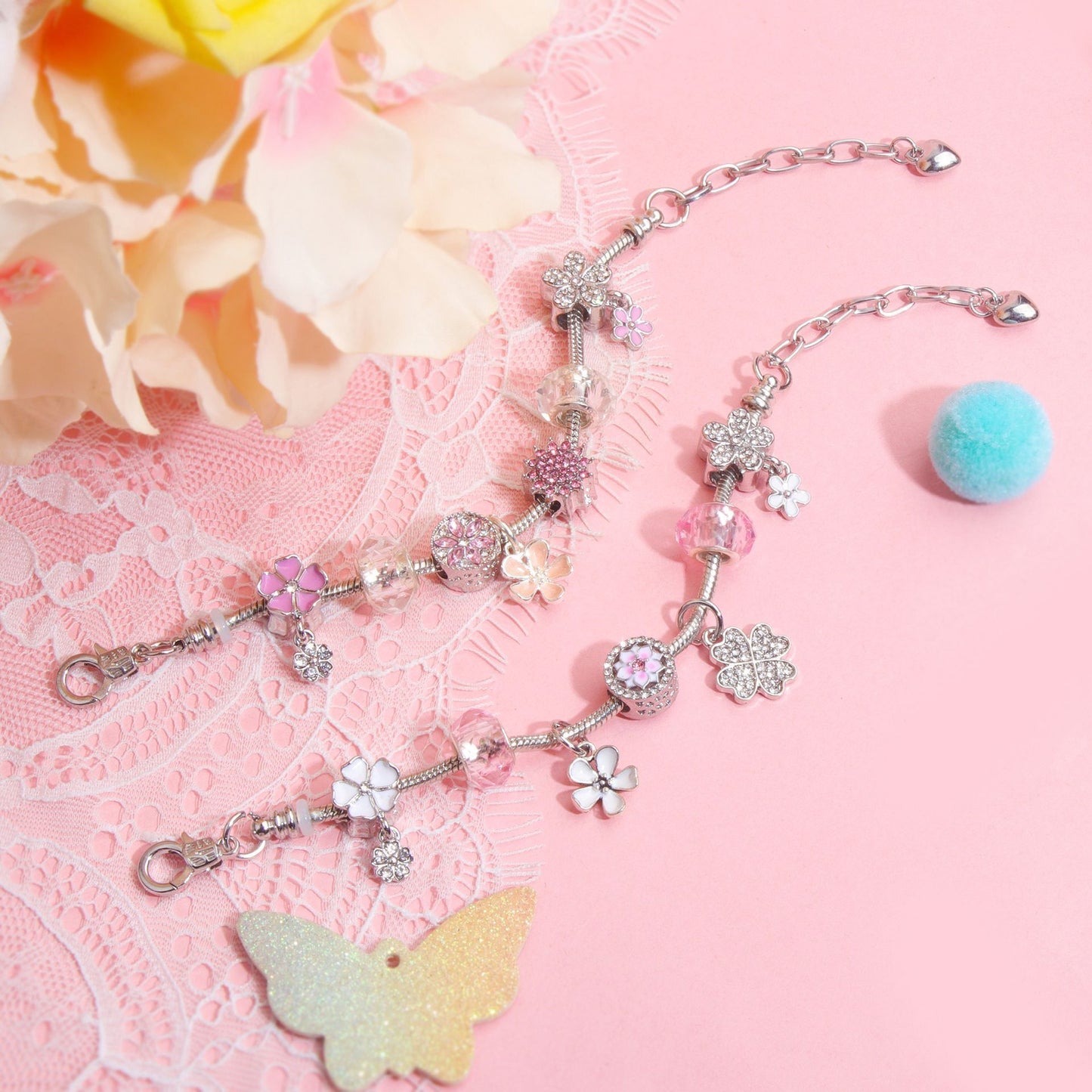 Chic Camellia Bead Charm DIY Bracelet with Crystal(white flower-20cm)
