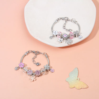 Chic Camellia Bead Charm DIY Bracelet with Crystal(white flower-21cm)