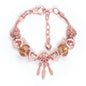 Rose Gold Plated Charm Bracelet with Zircon, Hollow Heart, Flower, Crown & Glass Beads(16cm)