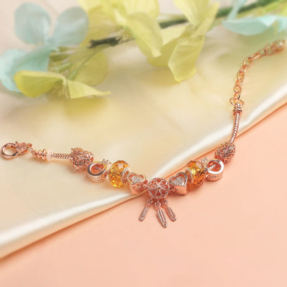 Rose Gold Plated Charm Bracelet with Zircon, Hollow Heart, Flower, Crown & Glass Beads(16cm)