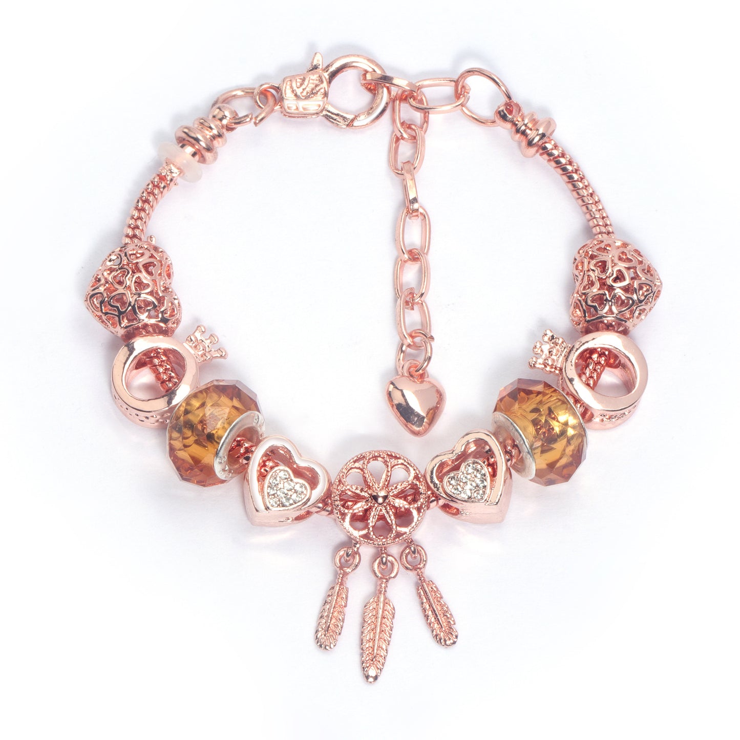 Rose Gold Plated Charm Bracelet with Zircon, Hollow Heart, Flower, Crown & Glass Beads(18cm)