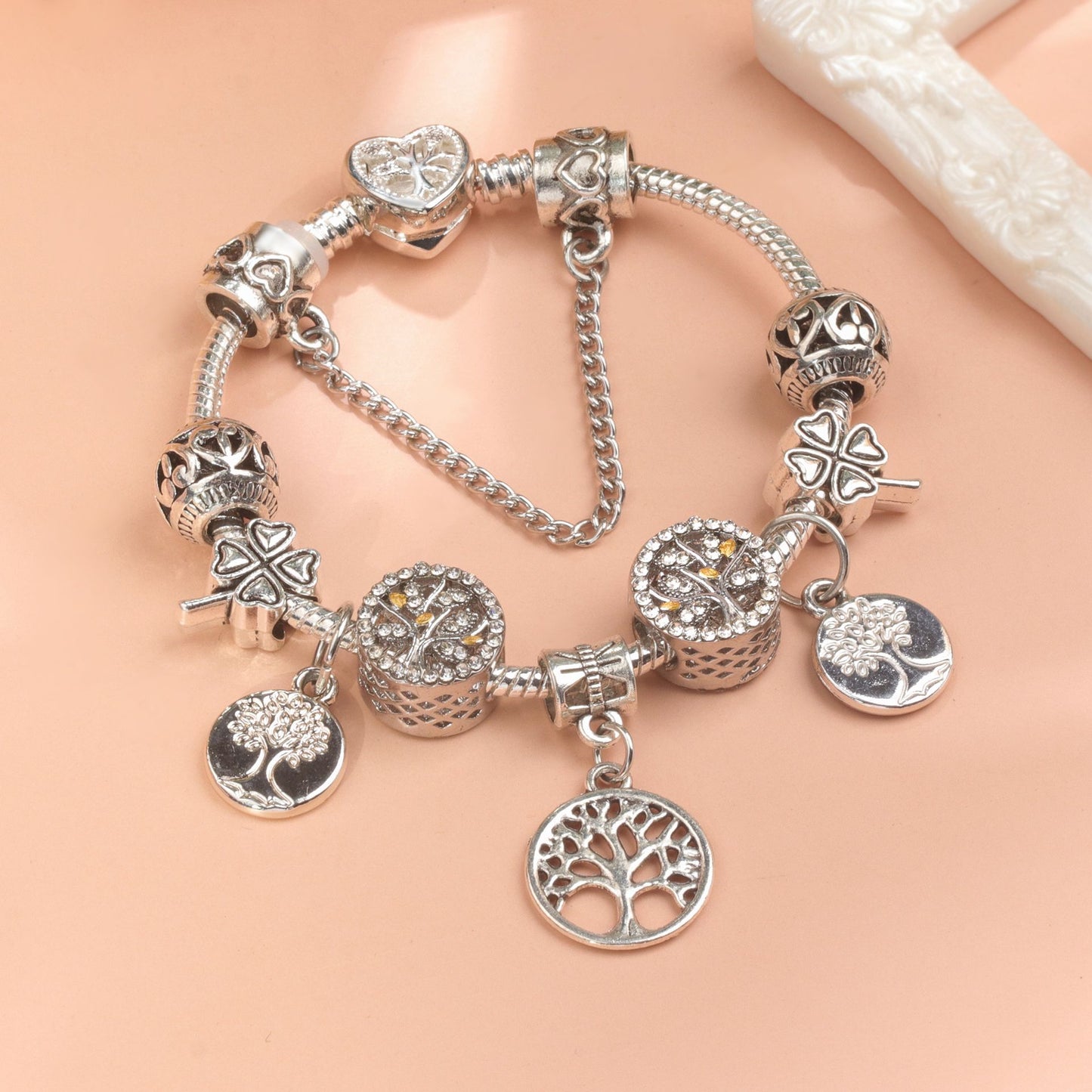 Vintage Silver Tree of Life CZ Four - Leaf Clover Charm Bead DIY Bracelet, Retro Style(17cm)