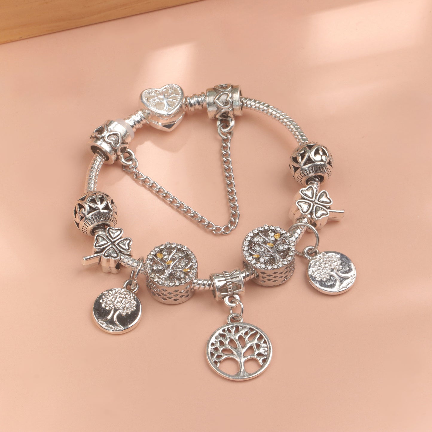 Vintage Silver Tree of Life CZ Four - Leaf Clover Charm Bead DIY Bracelet, Retro Style(17cm)