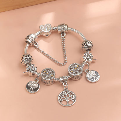 Vintage Silver Tree of Life CZ Four - Leaf Clover Charm Bead DIY Bracelet, Retro Style(17cm)