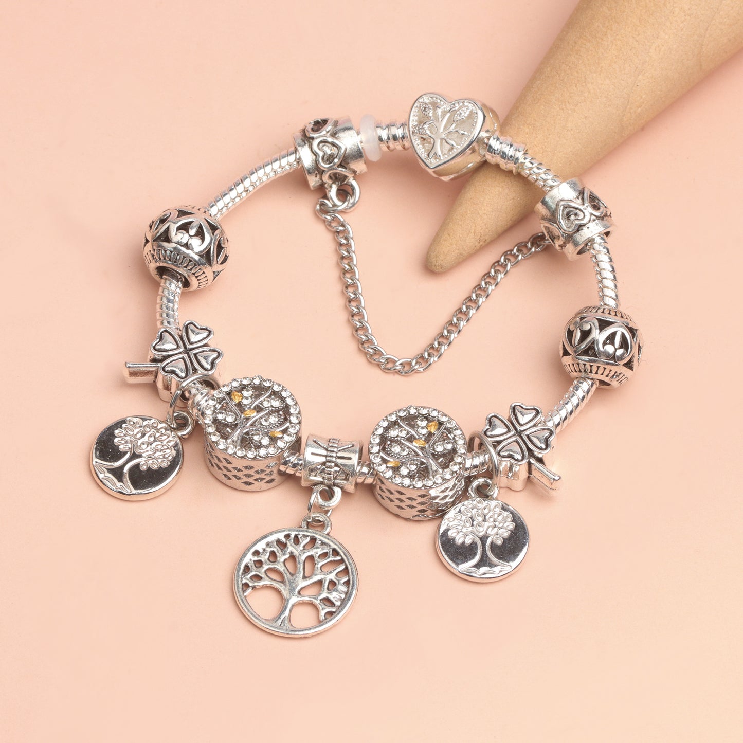 Vintage Silver Tree of Life CZ Four - Leaf Clover Charm Bead DIY Bracelet, Retro Style(17cm)