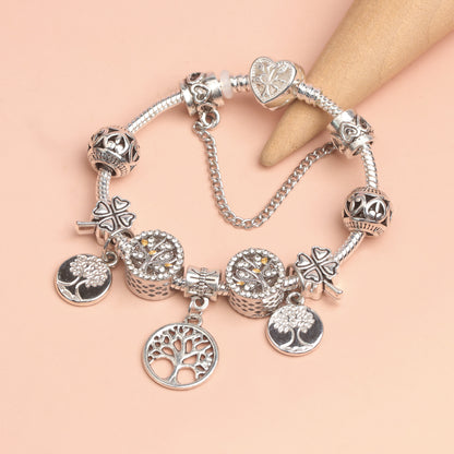 Vintage Silver Tree of Life CZ Four - Leaf Clover Charm Bead DIY Bracelet, Retro Style(17cm)