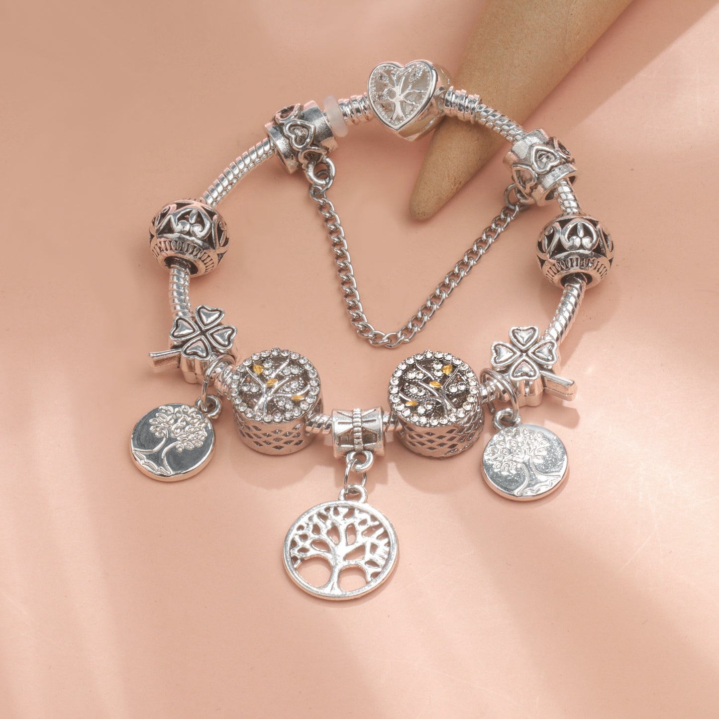 Vintage Silver Tree of Life CZ Four - Leaf Clover Charm Bead DIY Bracelet, Retro Style(17cm)