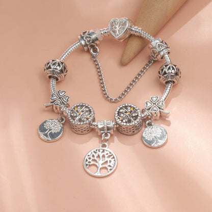 Vintage Silver Tree of Life CZ Four - Leaf Clover Charm Bead DIY Bracelet, Retro Style(17cm)