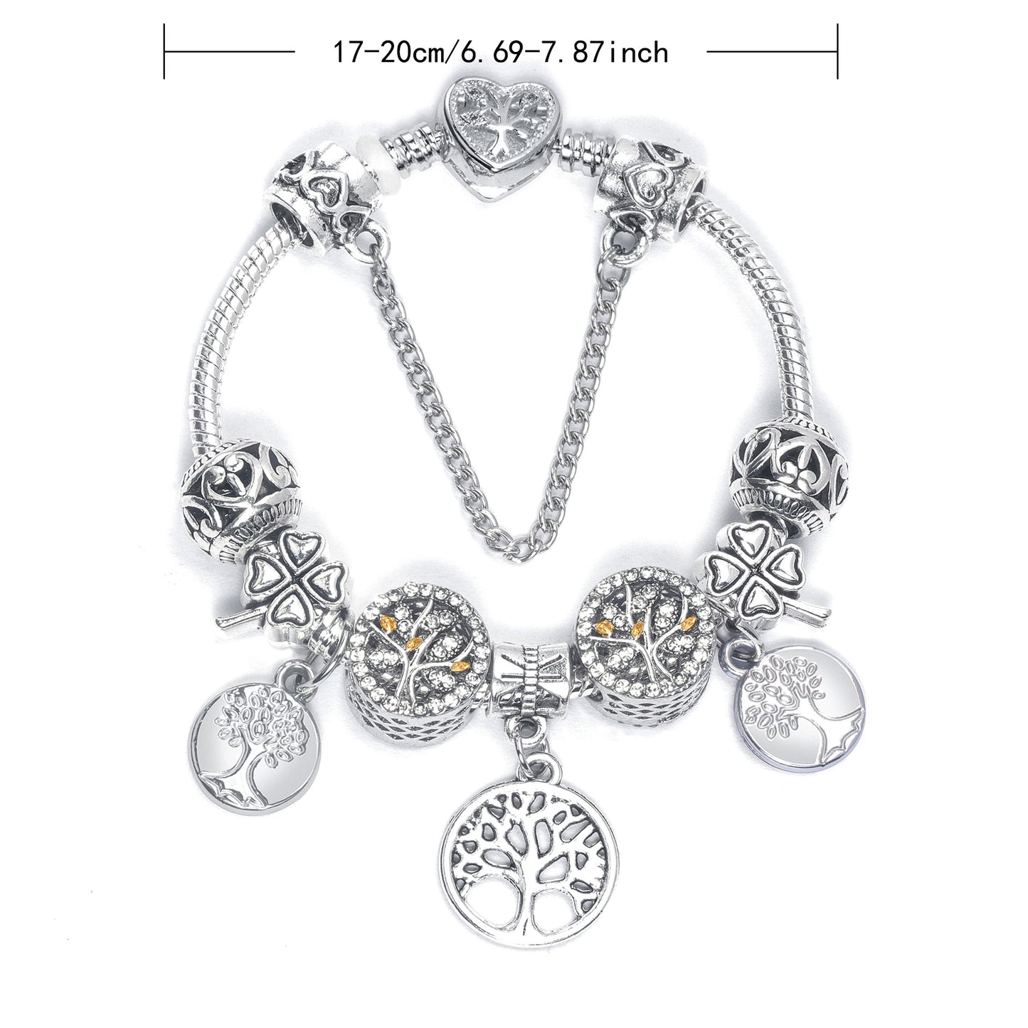 Vintage Silver Tree of Life CZ Four - Leaf Clover Charm Bead DIY Bracelet, Retro Style(18cm)