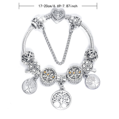 Vintage Silver Tree of Life CZ Four - Leaf Clover Charm Bead DIY Bracelet, Retro Style(18cm)