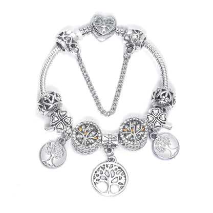 Vintage Silver Tree of Life CZ Four - Leaf Clover Charm Bead DIY Bracelet, Retro Style(19cm)