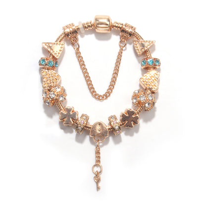 Rose Gold DIY Charm Bracelet with Crystal Heart, Clover & Key Pendant, Romantic Beaded Bracelet(17cm)