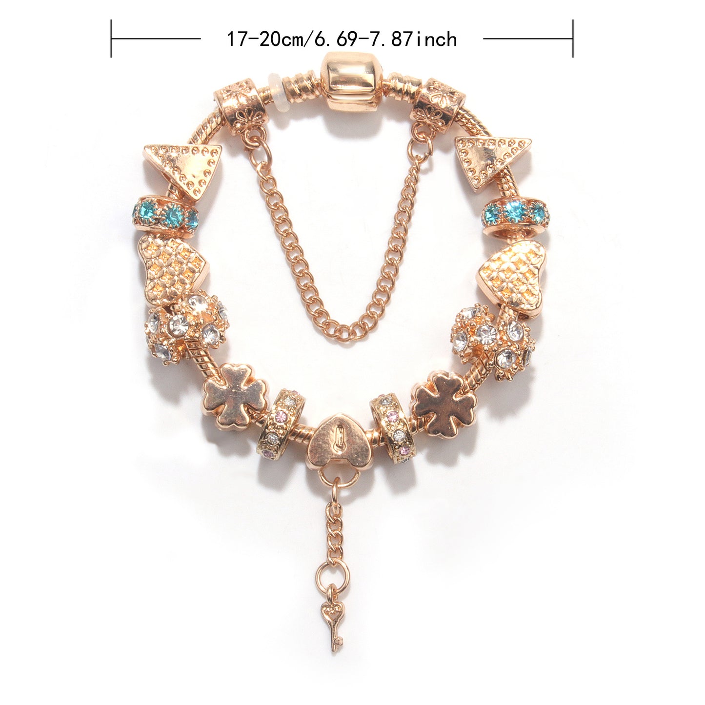 Rose Gold DIY Charm Bracelet with Crystal Heart, Clover & Key Pendant, Romantic Beaded Bracelet(17cm)