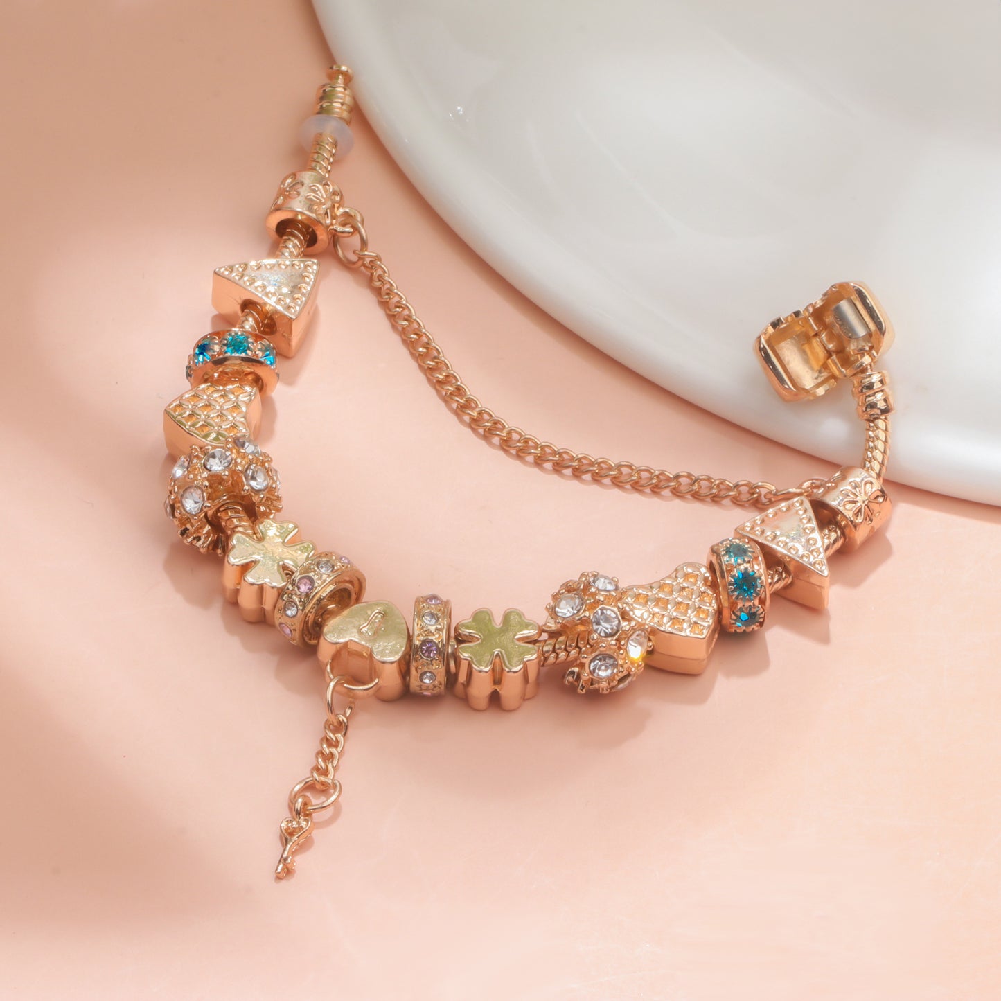 Rose Gold DIY Charm Bracelet with Crystal Heart, Clover & Key Pendant, Romantic Beaded Bracelet(17cm)