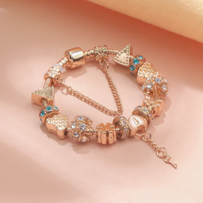 Rose Gold DIY Charm Bracelet with Crystal Heart, Clover & Key Pendant, Romantic Beaded Bracelet(17cm)