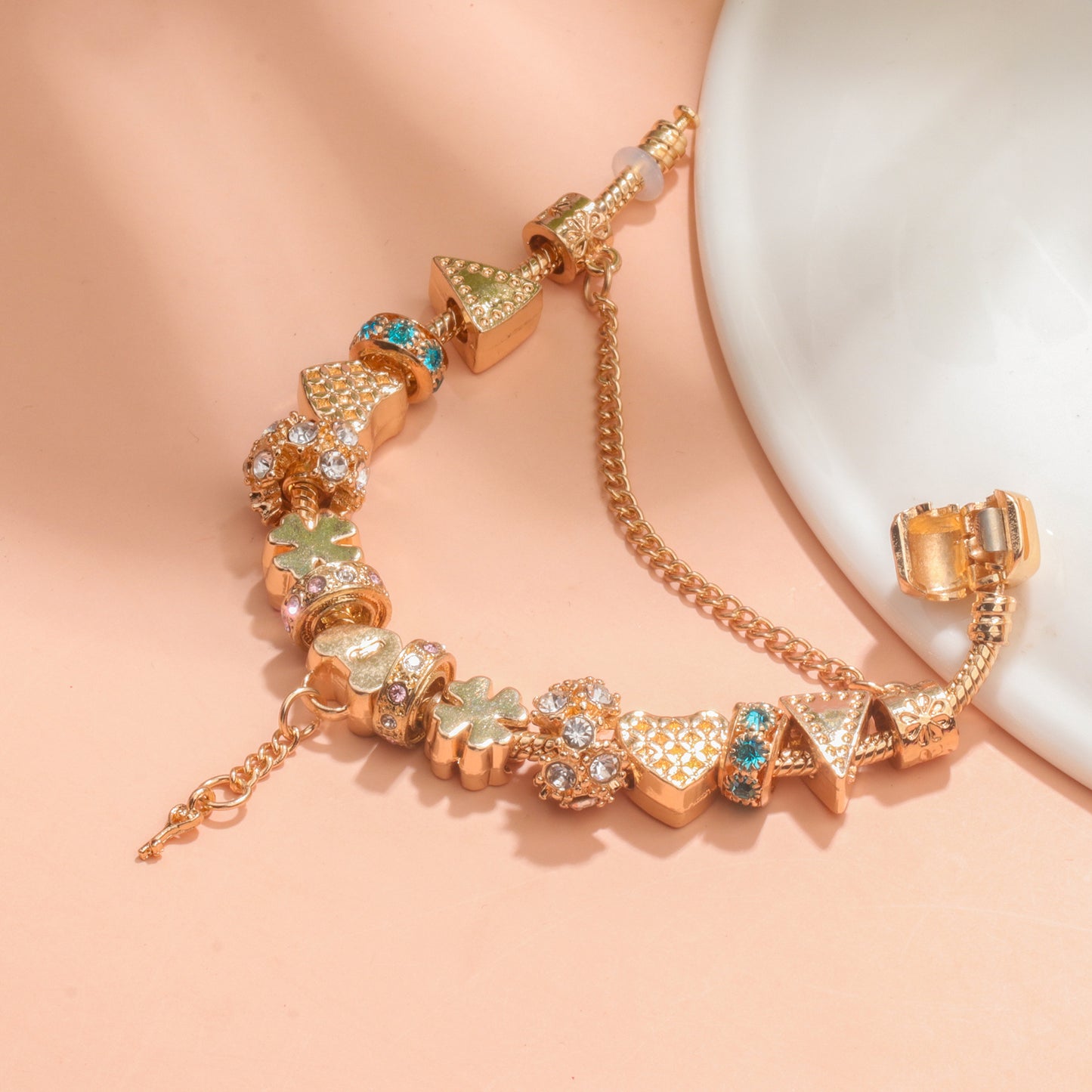 Rose Gold DIY Charm Bracelet with Crystal Heart, Clover & Key Pendant, Romantic Beaded Bracelet(17cm)