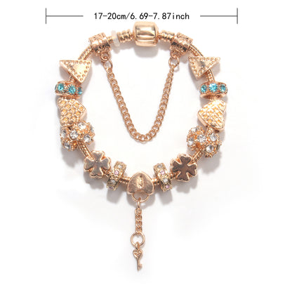Rose Gold DIY Charm Bracelet with Crystal Heart, Clover & Key Pendant, Romantic Beaded Bracelet(18cm)