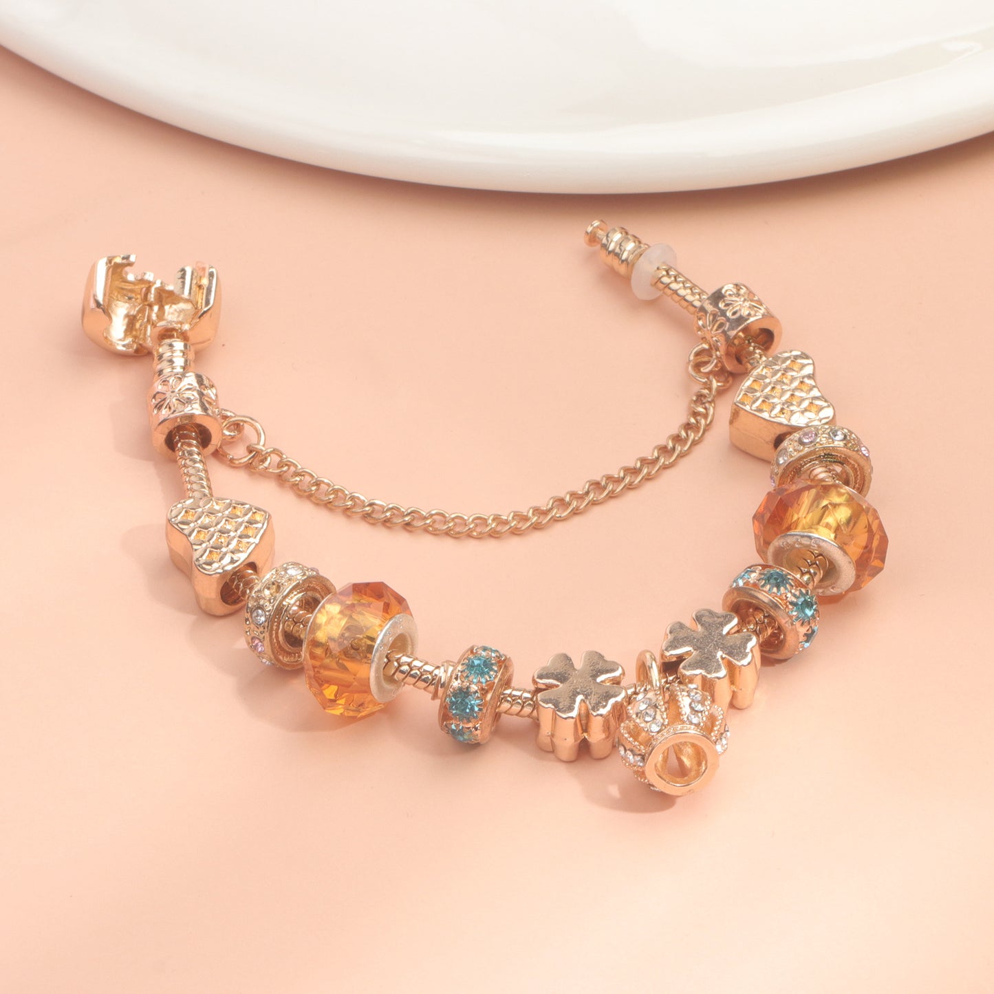 Rhinestone Gold Heart Glass Beaded Bracelet with Crown Pendant(20cm)