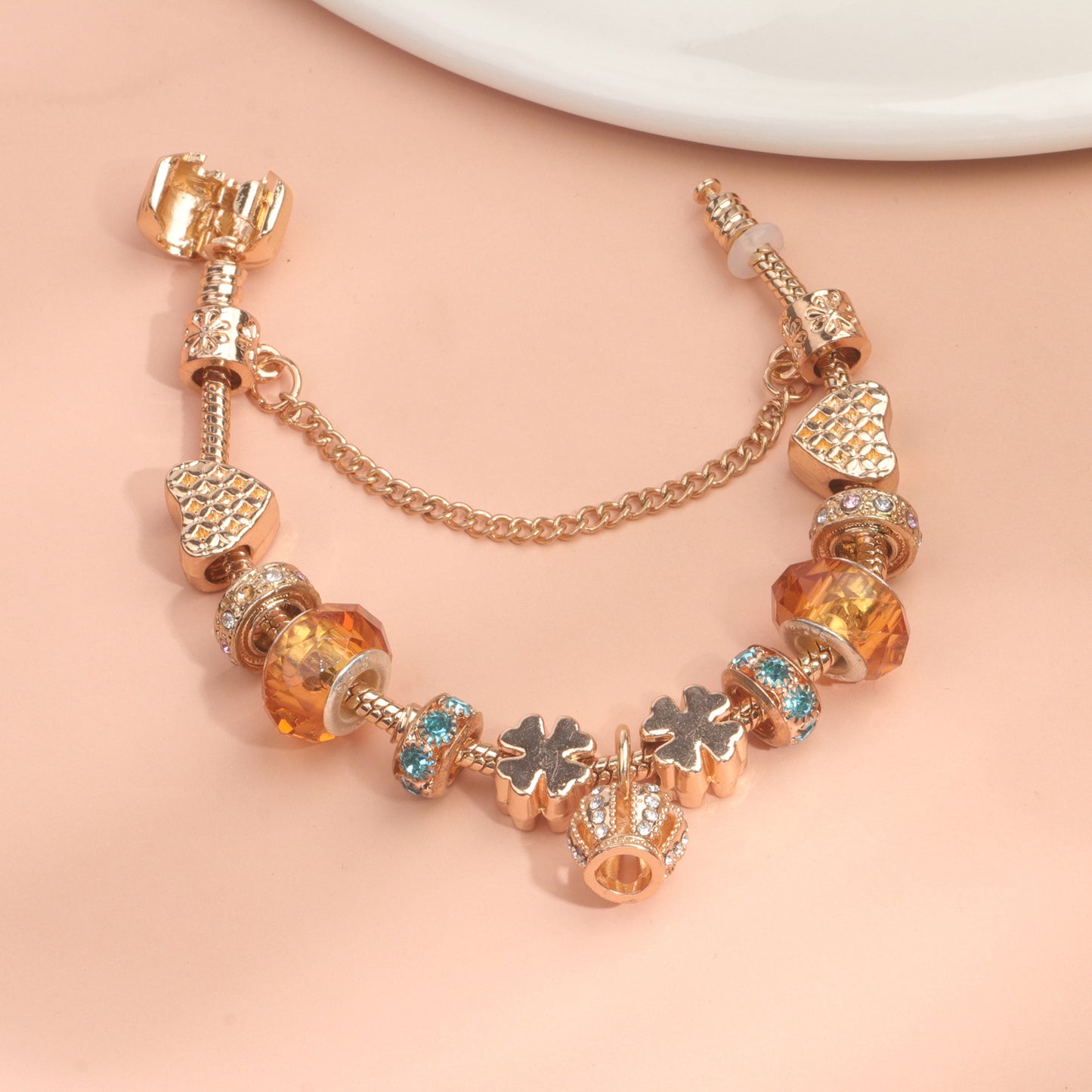 Rhinestone Gold Heart Glass Beaded Bracelet with Crown Pendant(20cm)