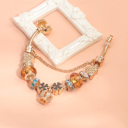 Rhinestone Gold Heart Glass Beaded Bracelet with Crown Pendant(20cm)