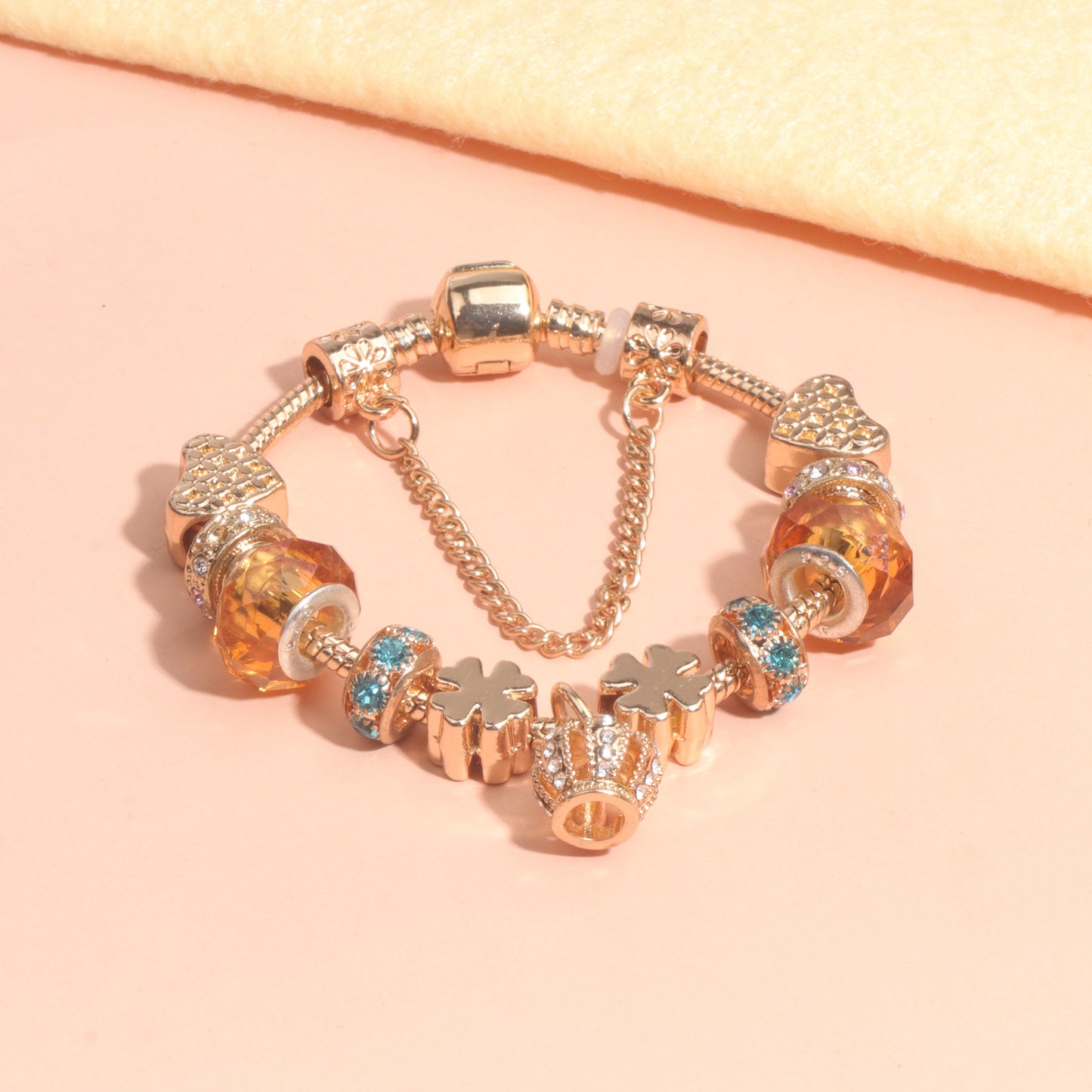 Rhinestone Gold Heart Glass Beaded Bracelet with Crown Pendant(20cm)