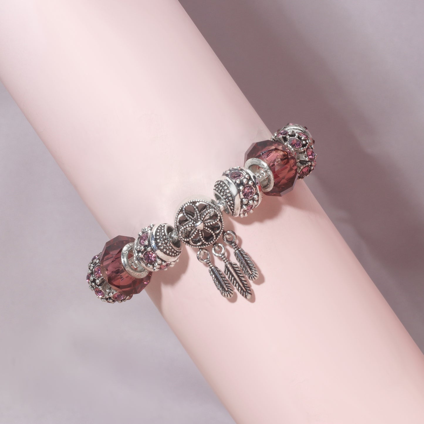 Rose Red Rhinestone Big Hole Beaded Bracelet, Alloy Electroplated(17cm)