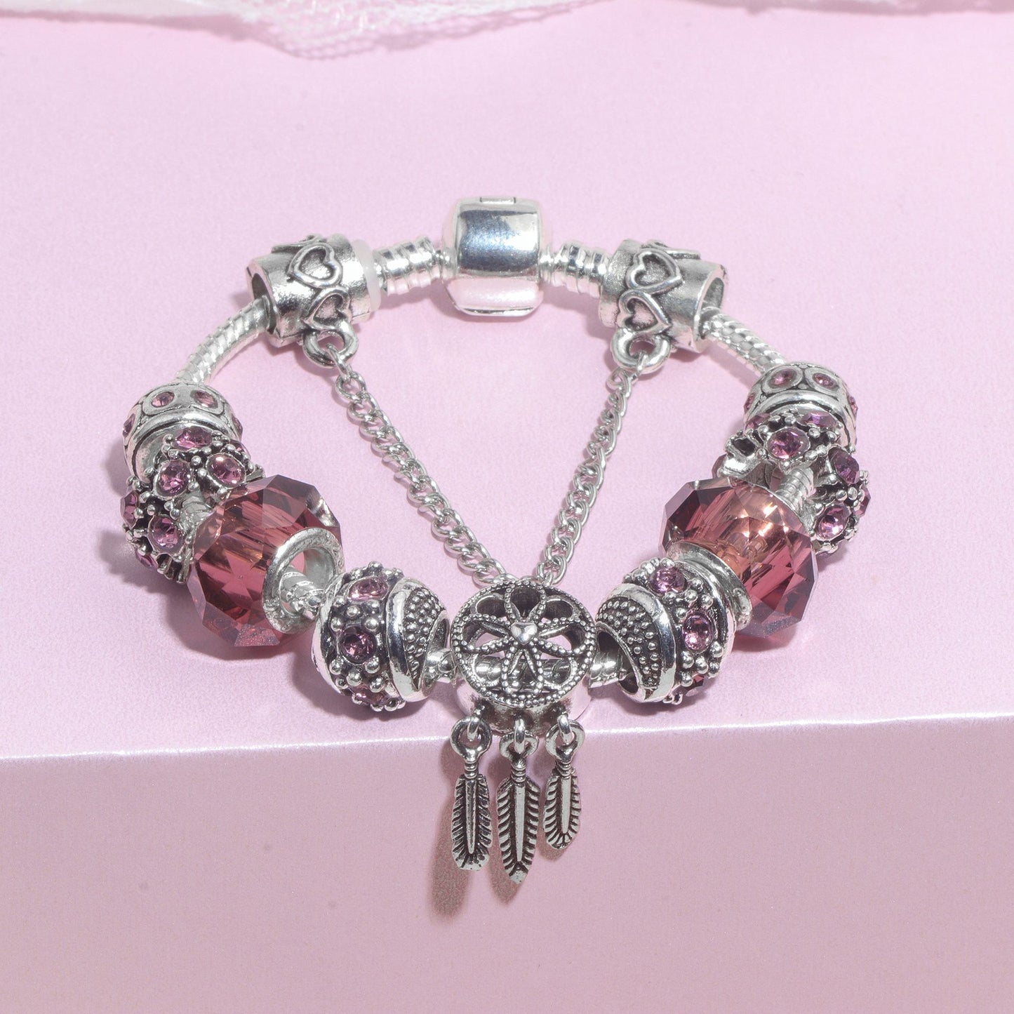 Rose Red Rhinestone Big Hole Beaded Bracelet, Alloy Electroplated(17cm)