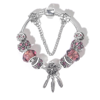 Rose Red Rhinestone Big Hole Beaded Bracelet, Alloy Electroplated(18cm)