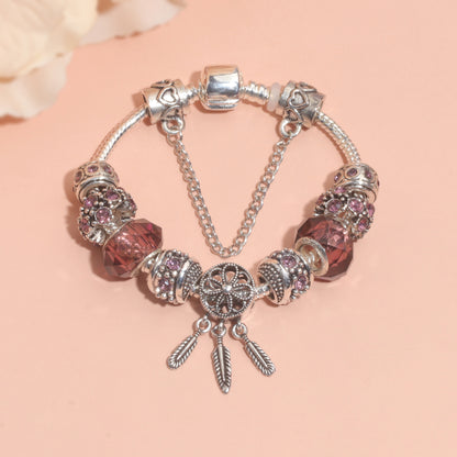 Rose Red Rhinestone Big Hole Beaded Bracelet, Alloy Electroplated(18cm)