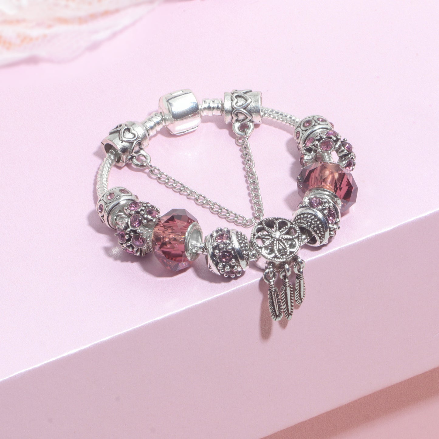 Rose Red Rhinestone Big Hole Beaded Bracelet, Alloy Electroplated(20cm)