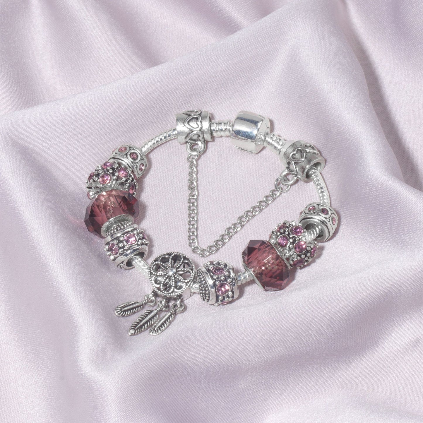 Rose Red Rhinestone Big Hole Beaded Bracelet, Alloy Electroplated(20cm)