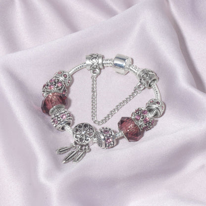 Rose Red Rhinestone Big Hole Beaded Bracelet, Alloy Electroplated(20cm)