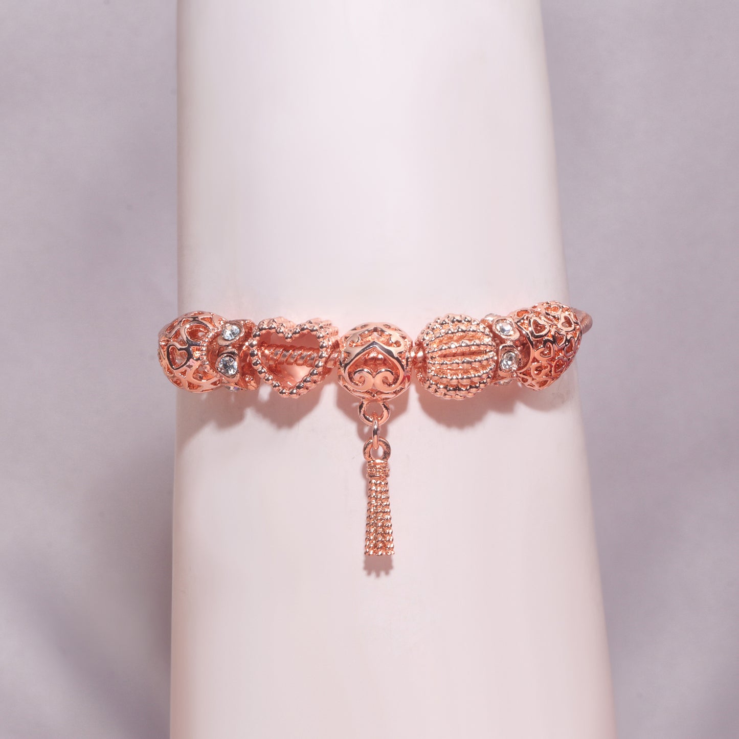 Rose Gold Hollow Carved Heart Bead Tassel Bracelet(16cm)
