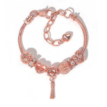 Rose Gold Hollow Carved Heart Bead Tassel Bracelet(17cm)
