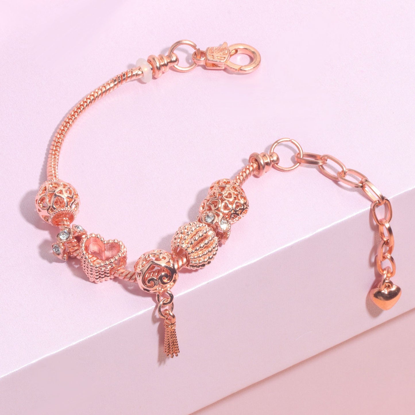 Rose Gold Hollow Carved Heart Bead Tassel Bracelet(17cm)