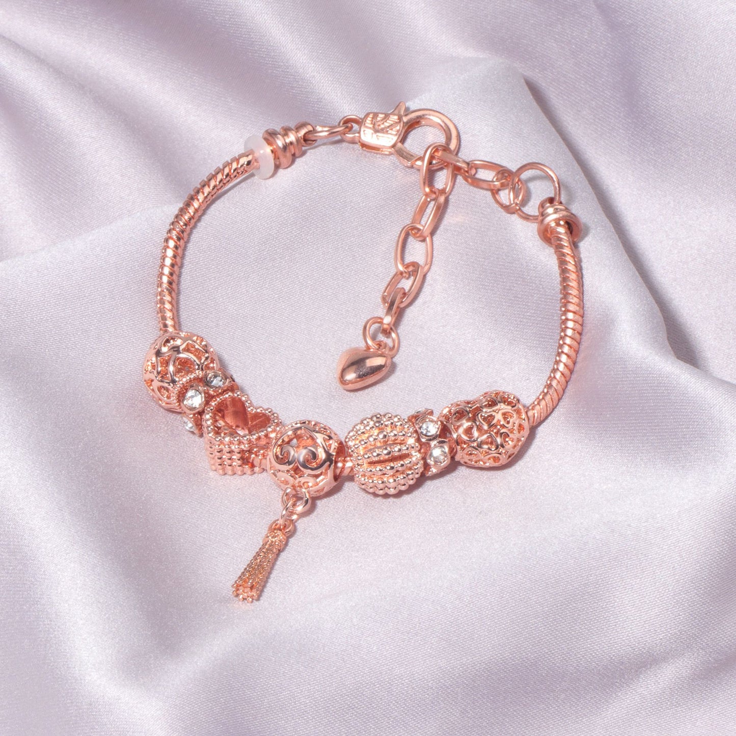 Rose Gold Hollow Carved Heart Bead Tassel Bracelet(17cm)