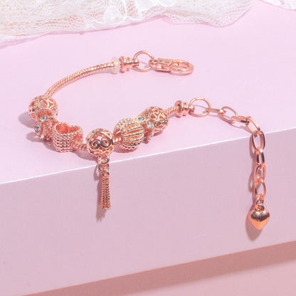 Rose Gold Hollow Carved Heart Bead Tassel Bracelet(18cm)