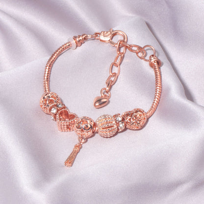 Rose Gold Hollow Carved Heart Bead Tassel Bracelet(18cm)