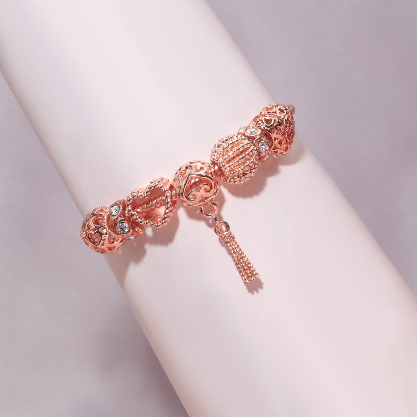 Rose Gold Hollow Carved Heart Bead Tassel Bracelet(21cm)