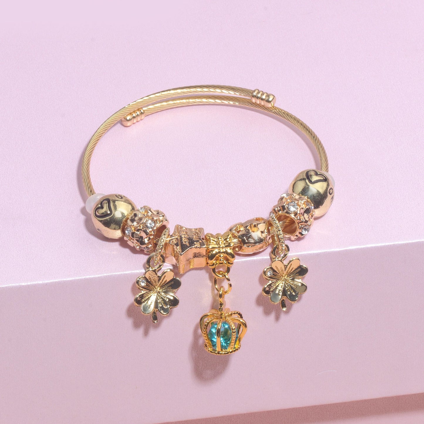 Vintage Love Flower Star Charm Beaded Crown Pendant DIY Open Bangle(18cm)