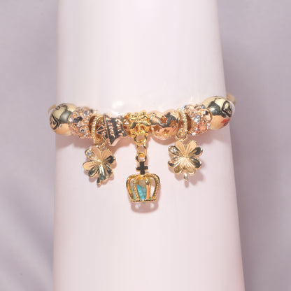 Vintage Love Flower Star Charm Beaded Crown Pendant DIY Open Bangle(18cm)