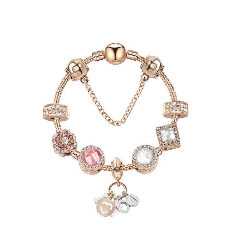 Rose Gold Charm Bracelet with Zircon, Flower & Letter Pendants, Colorful Beads(19cm)