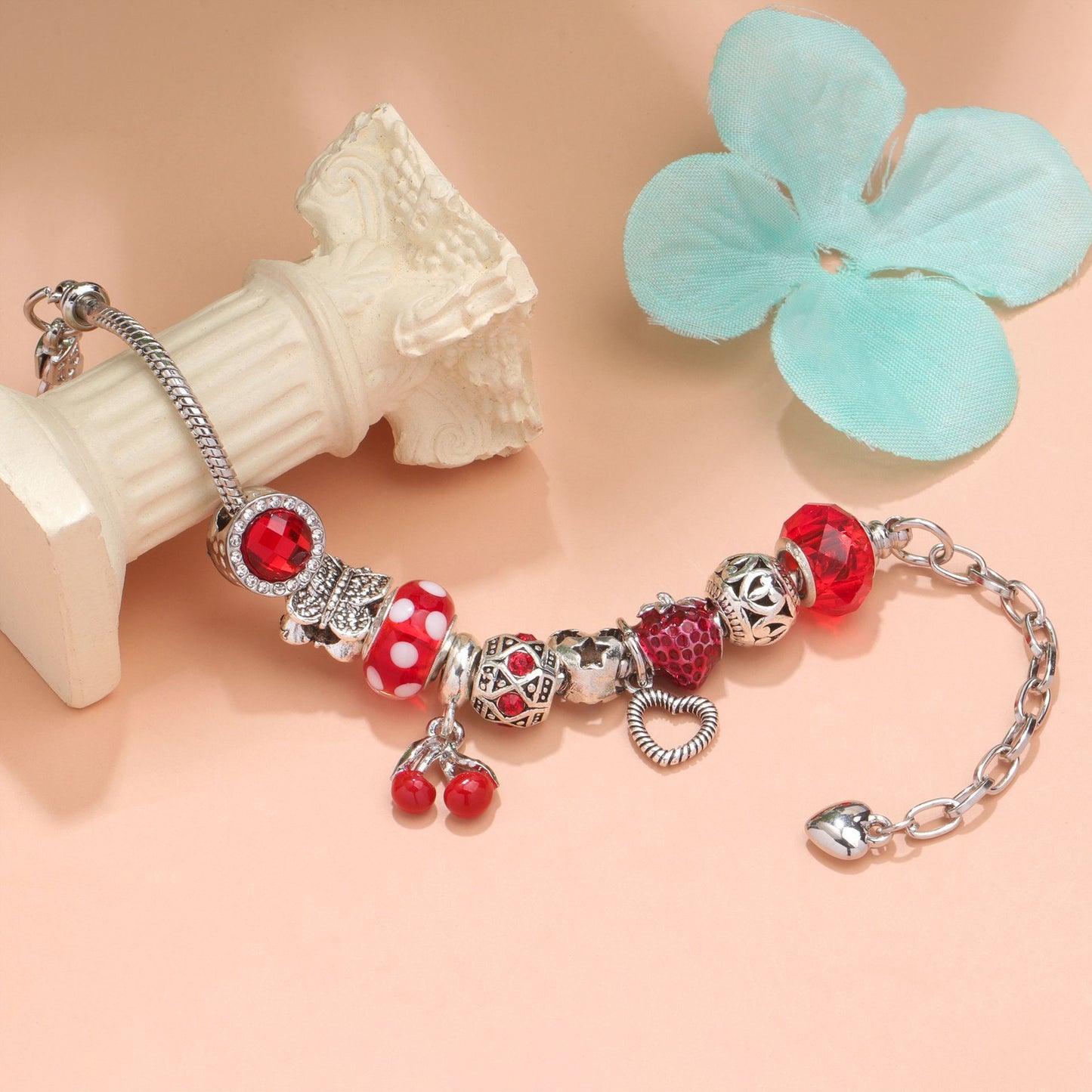 Charm Bracelet with Tortoise, Heart, Clover Pendant(red,19cm)