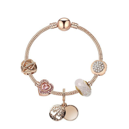 Glamorous Rose Gold Bracelet with Zircon, Glass Beads & Double Disc Pendant(21cm)