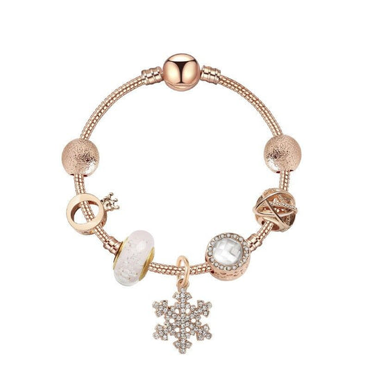 Rose Gold Snowflake Pendant Bracelet with Crystal Zircon, Crown & Glass Charms – Glamorous Sweet-Style Alloy Bracelet(18cm)