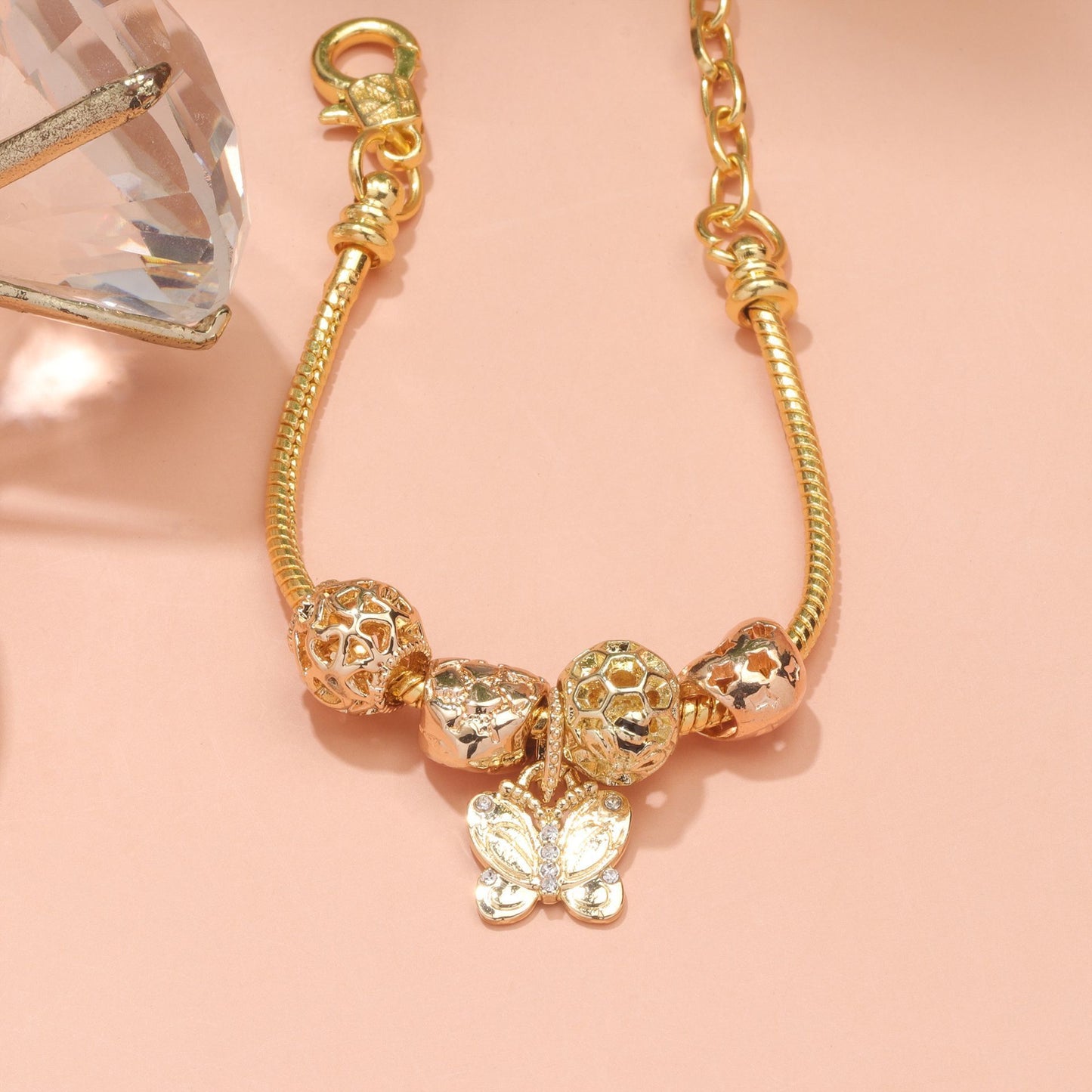 Hollow Beads Butterfly Heart Charm Bracele(yellow,16cm)